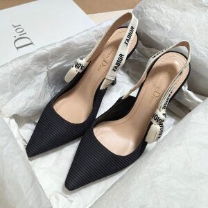 Dior Black Pointed Slingback Pumps with Ivory J'Adior Ribbon